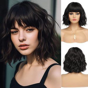 12 Inche Women Synthetic Short Black Wave Bang Shoulder Length Wig